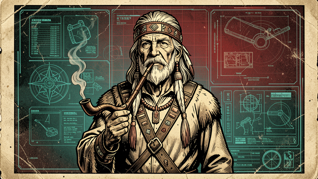 Katonka als indigener Krieger mit Pfeife im HUD-Comic-Stil