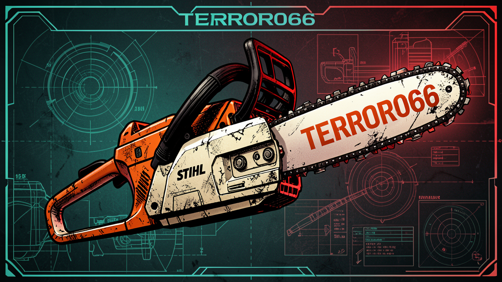 Terror066 als Kettensäge im HUD-Comic-Stil