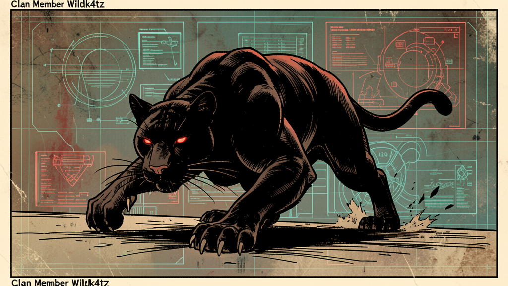 Wildk4tz als schwarzer Panther im Sprung im HUD-Comic-Stil